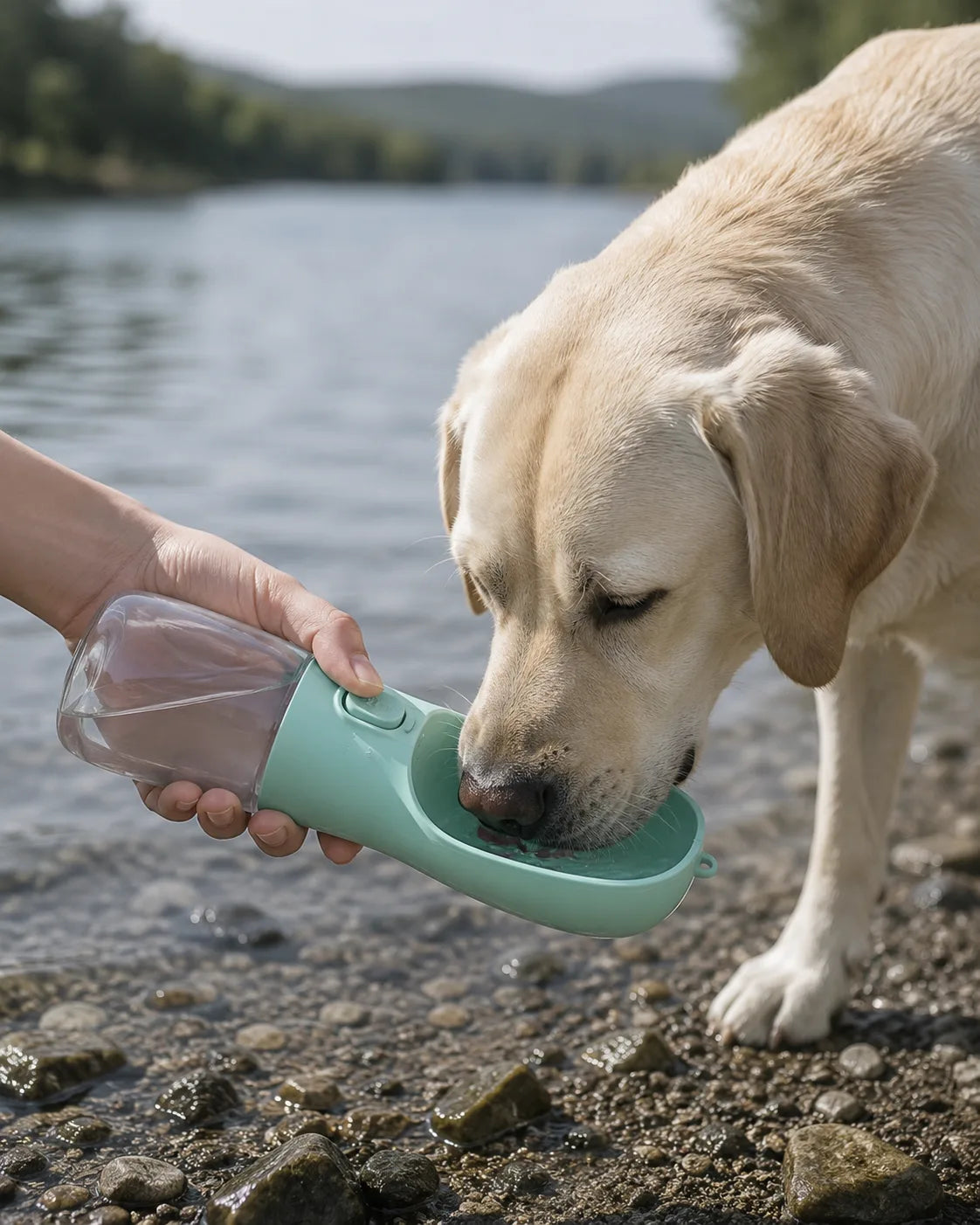 A dog drinking from a portable bottle at the edge of a lake