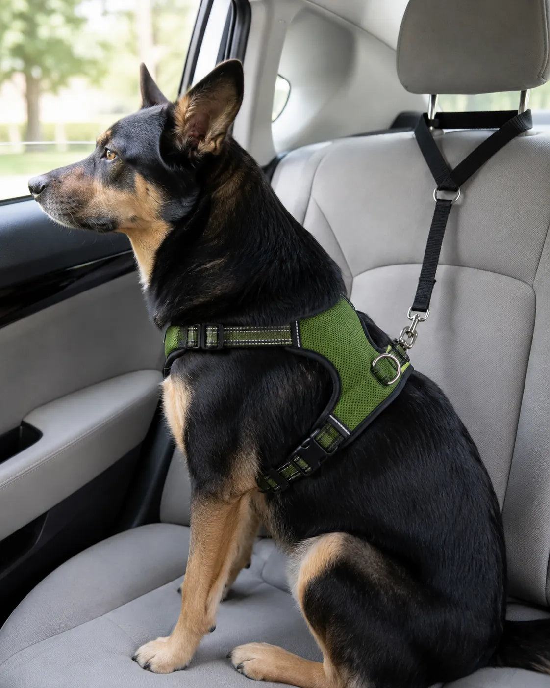 A dog resting on a back-seat hammock cover during a drive