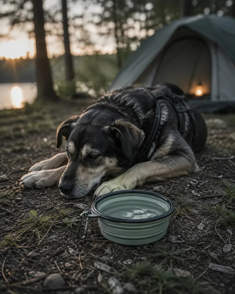 A dog sitting by a tent as the light drops at the end of the day