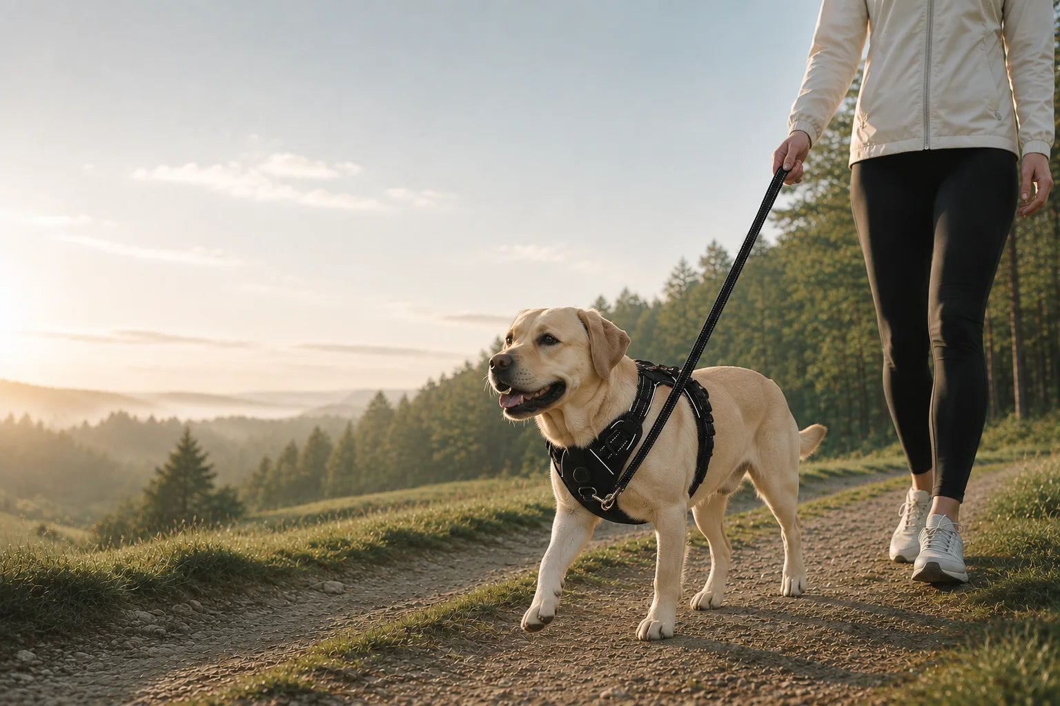 A yellow labrador in a black no-pull harness walking an open trail at sunrise beside its owner, the lead clipped at the chest