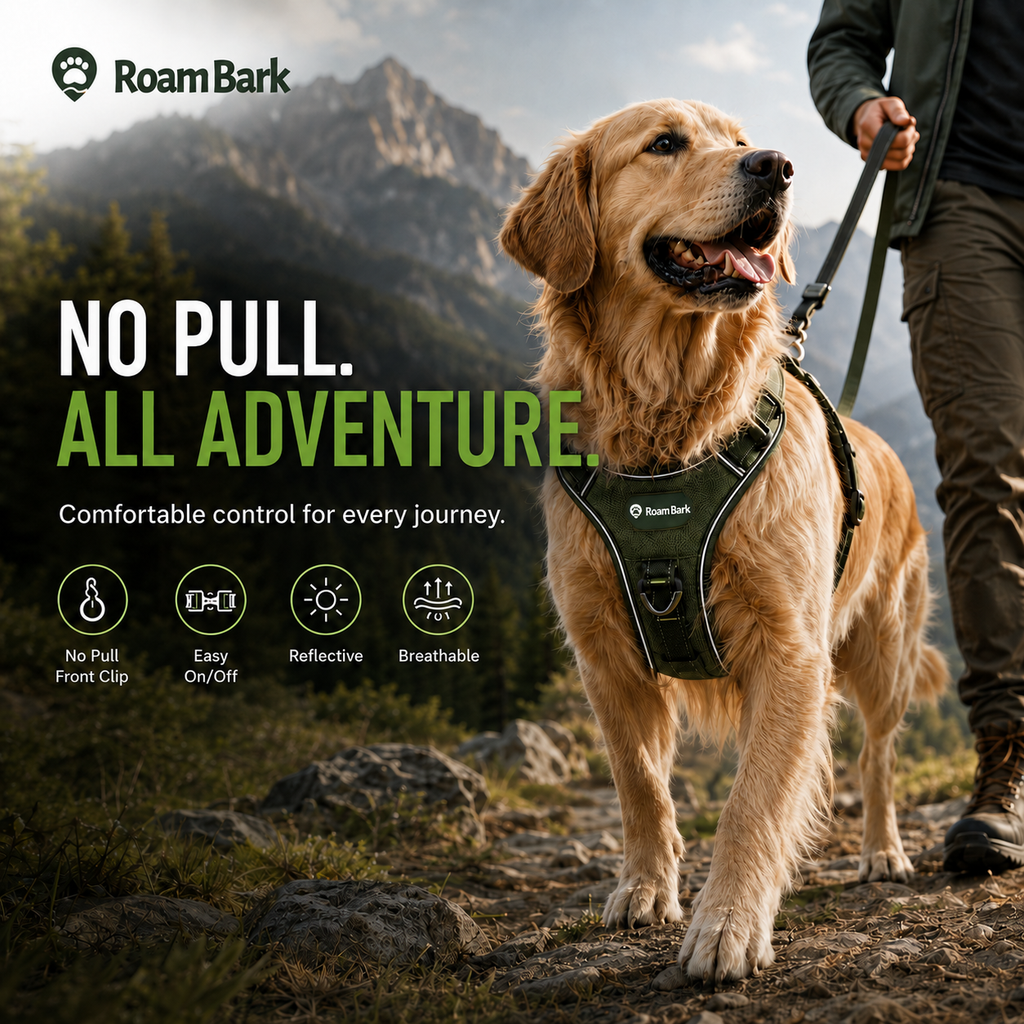 Golden retriever in the green no-pull harness on a mountain trail, walked on a lead beside its owner.