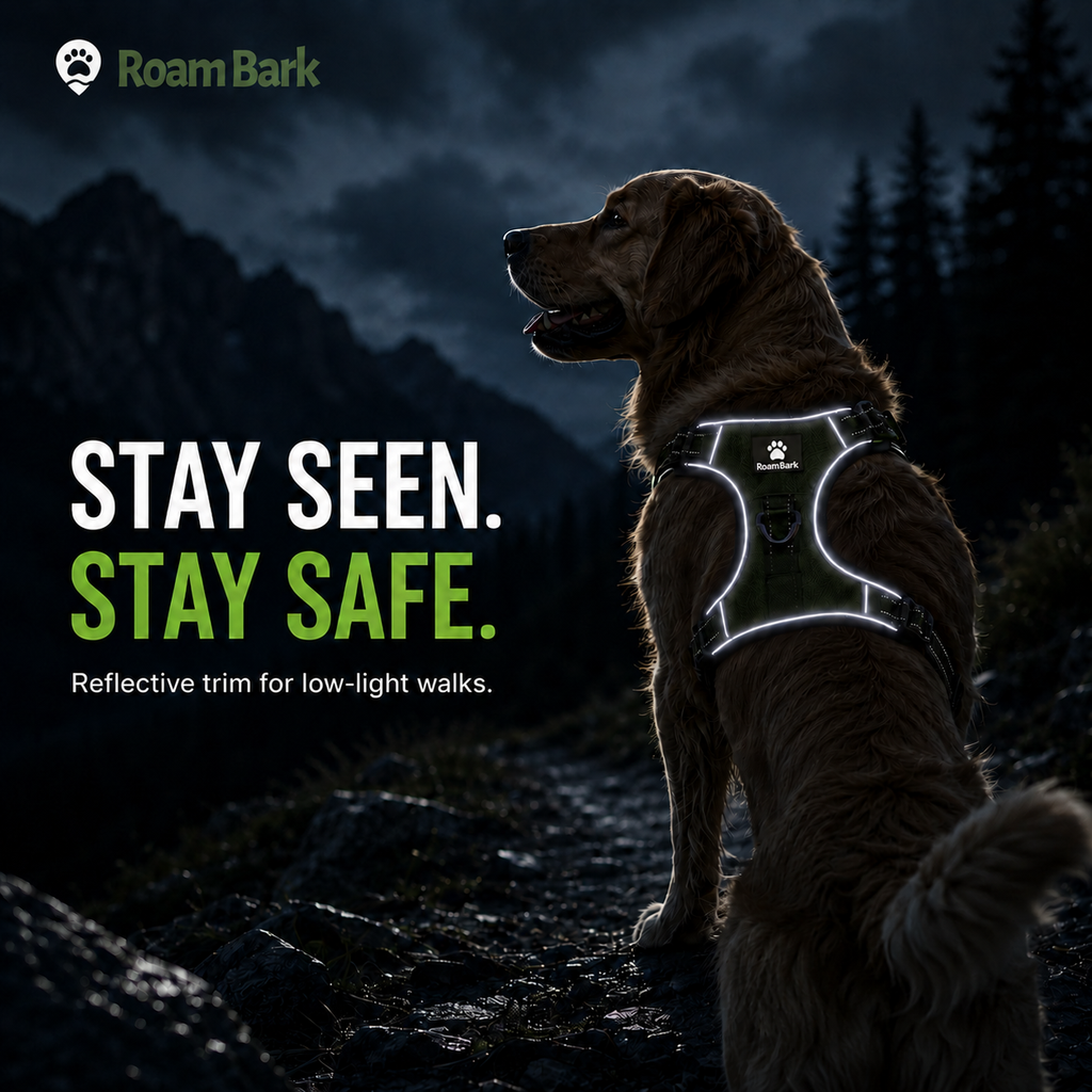 STAY SEEN. STAY SAFE. — reflective stitching shown in low light.