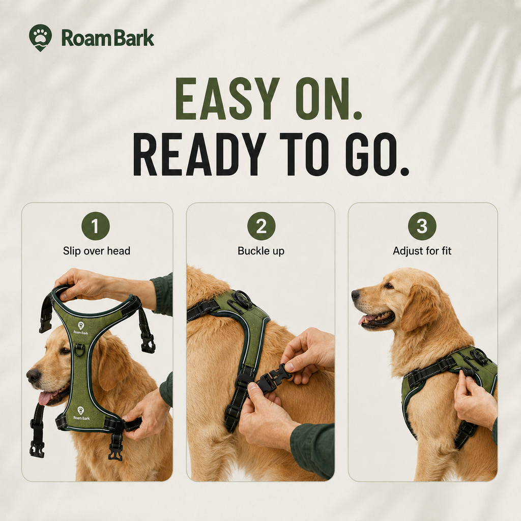 EASY ON. READY TO GO. — three fitting steps for the Trail-Ready No-Pull Dog Harness.