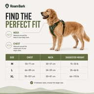 FIND THE PERFECT FIT — verified M, L and XL measurements for the Trail-Ready No-Pull Dog Harness.