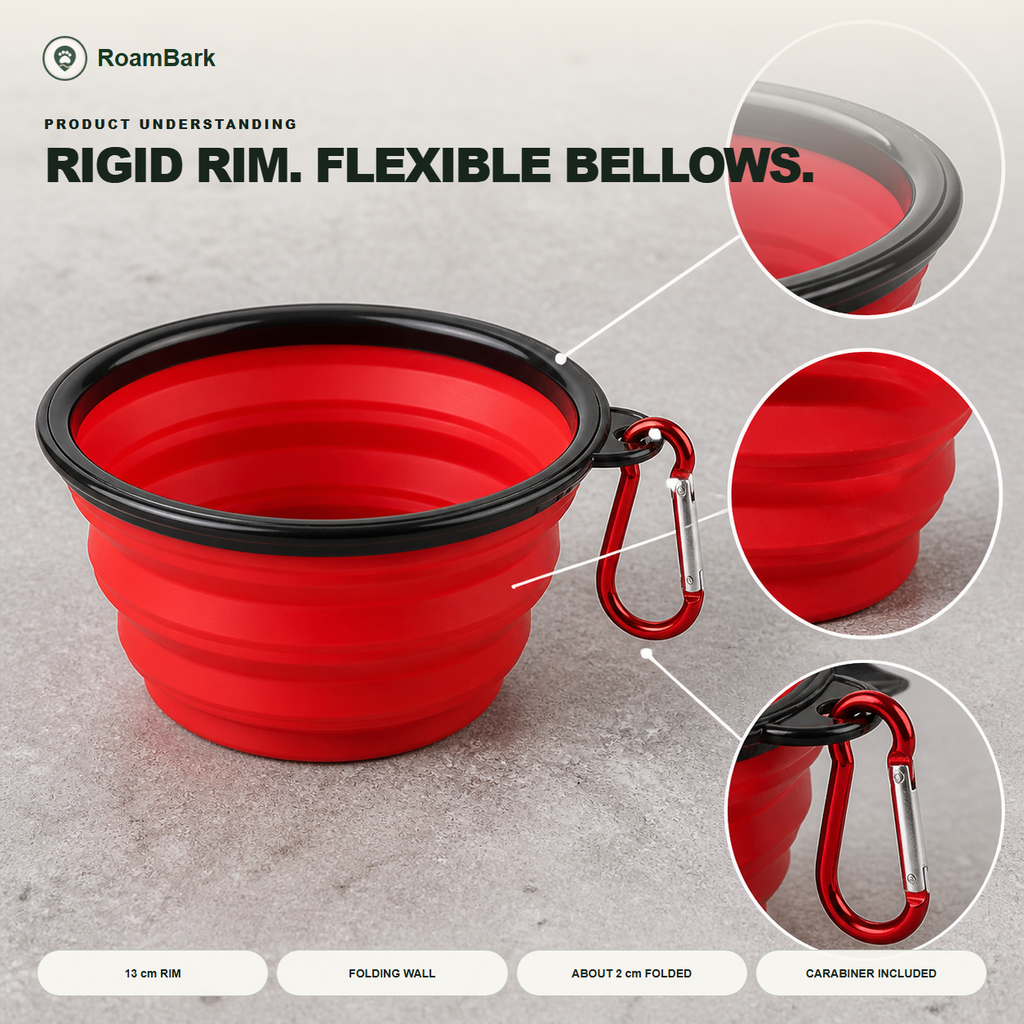 Red bowl opened on stone, with its black rim, folding silicone wall and red carabiner shown close up.