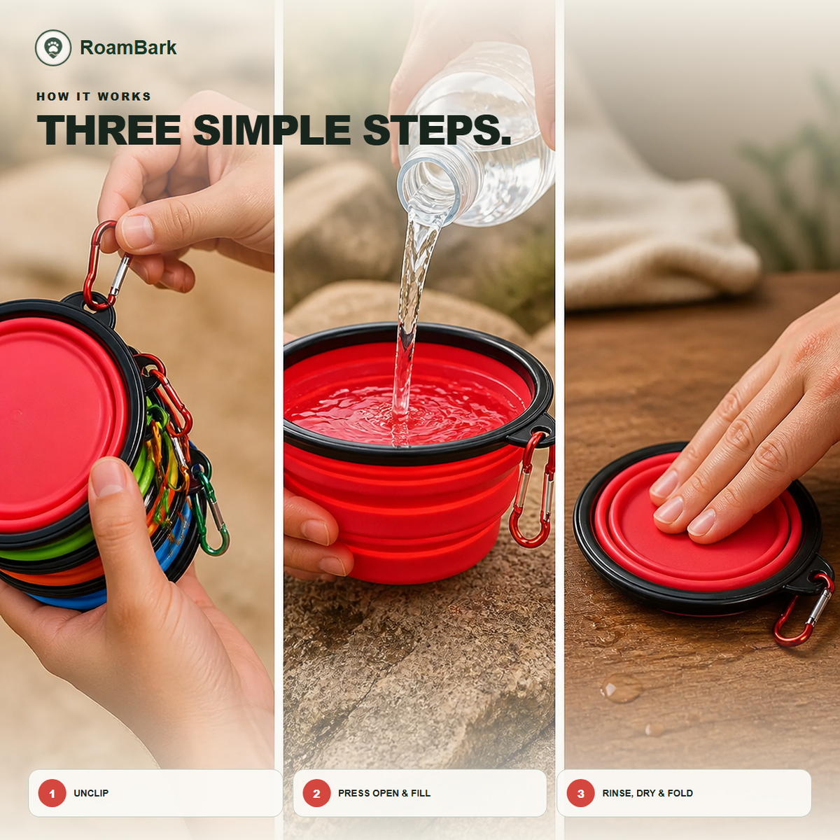 Three steps: unclip the bowl, press it open and pour water in, then rinse, dry and fold it flat.