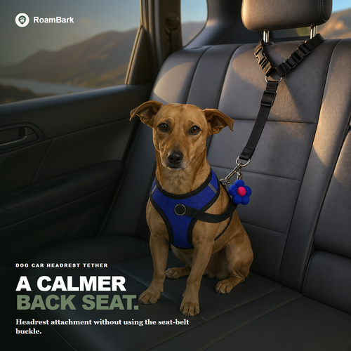 Brown dog in a blue harness on a car back seat, the black tether looped over the headrest and clipped on.