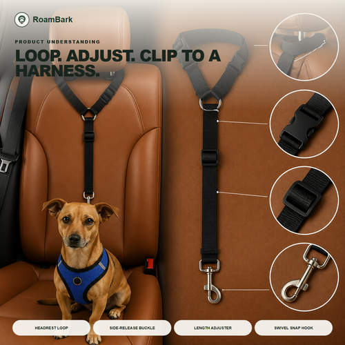 Black car tether shown flat with its headrest loop, side-release buckle, length adjuster and swivel snap hook.