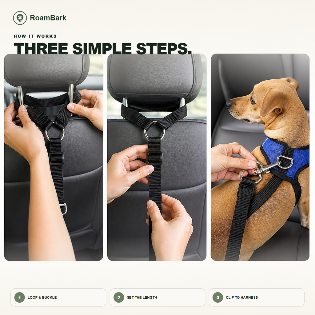 Three fitting steps: loop the tether over the headrest, set the length, then clip it to the dog's harness.