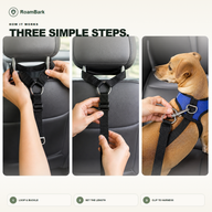 Three fitting steps: loop the tether over the headrest, set the length, then clip it to the dog's harness.
