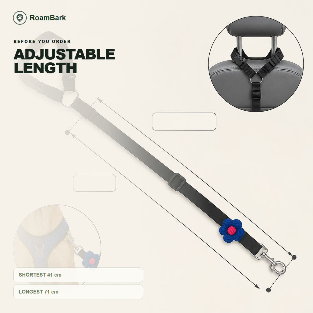 The black tether measured from its shortest 41 cm to its longest 71 cm, with an inset of the headrest loop.