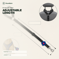 The black tether measured from its shortest 41 cm to its longest 71 cm, with an inset of the headrest loop.