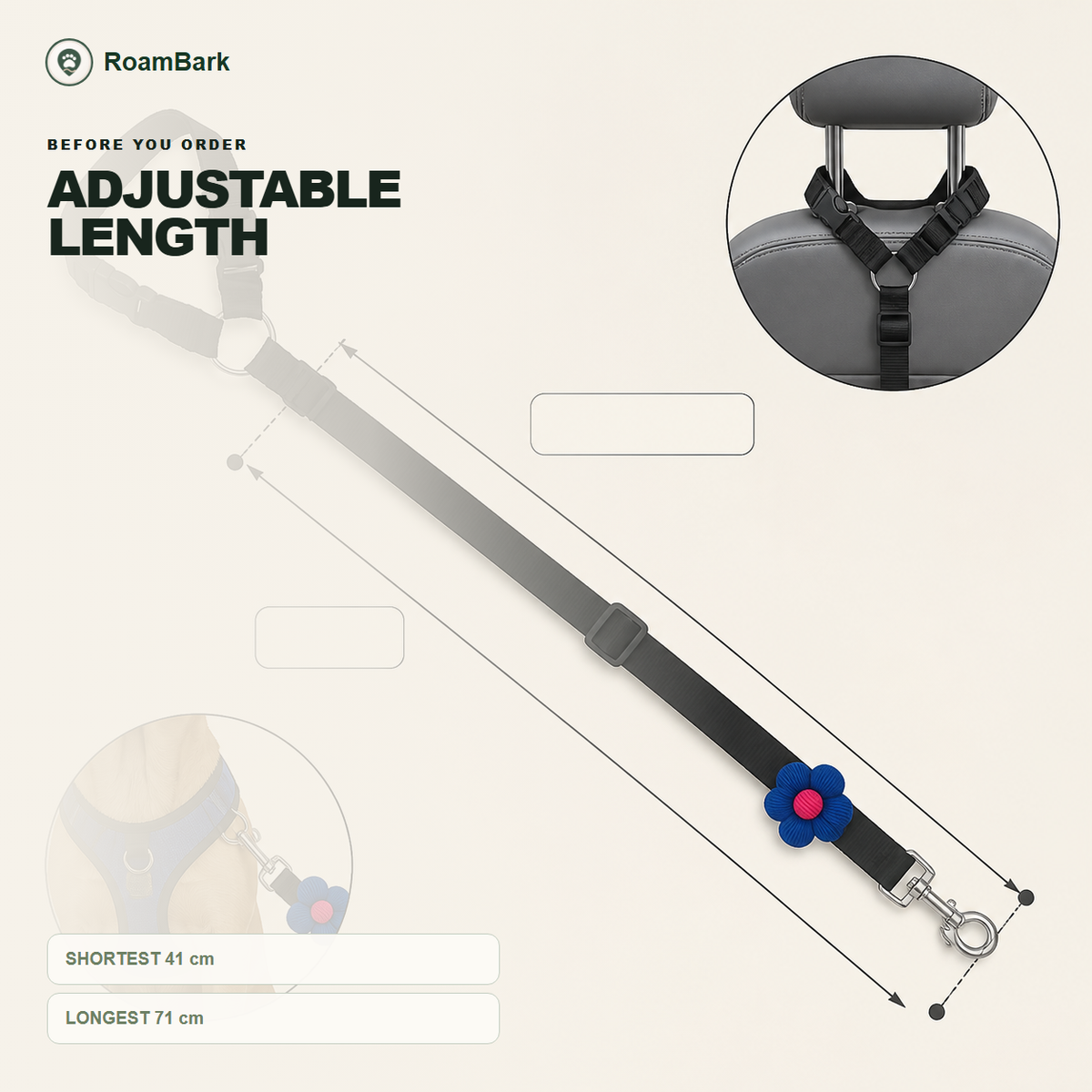 The black tether measured from its shortest 41 cm to its longest 71 cm, with an inset of the headrest loop.