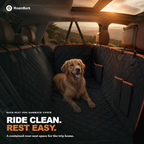 Golden retriever lying in the black quilted hammock cover with orange trim, fitted across an SUV back seat.