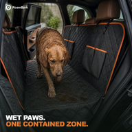 Wet, muddy dog stepping onto the hammock cover, the mess held inside the covered back-seat area.