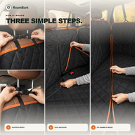 Three steps: fasten the headrest straps, tuck the seat anchors in, then zip the cover into hammock mode.