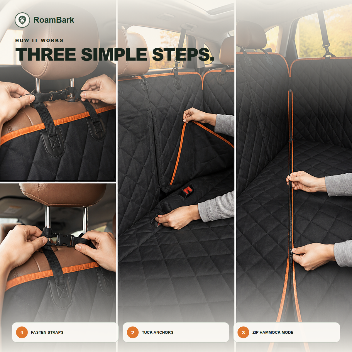 Three steps: fasten the headrest straps, tuck the seat anchors in, then zip the cover into hammock mode.