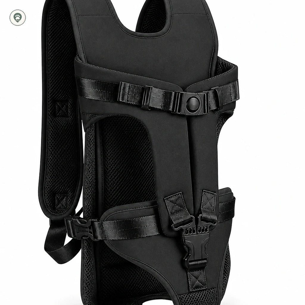 Front Chest Dog Carrier — showing the black carrier and adjustable straps.