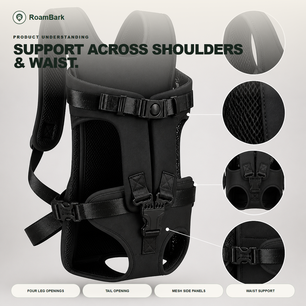 The empty black carrier from the side, showing its four leg openings, tail opening and padded waist strap.