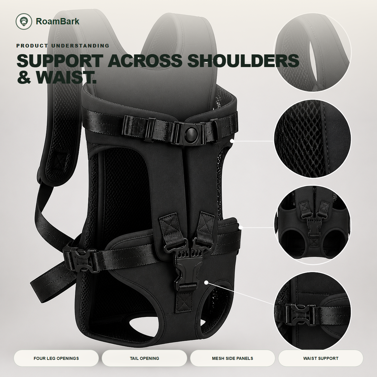 The empty black carrier from the side, showing its four leg openings, tail opening and padded waist strap.