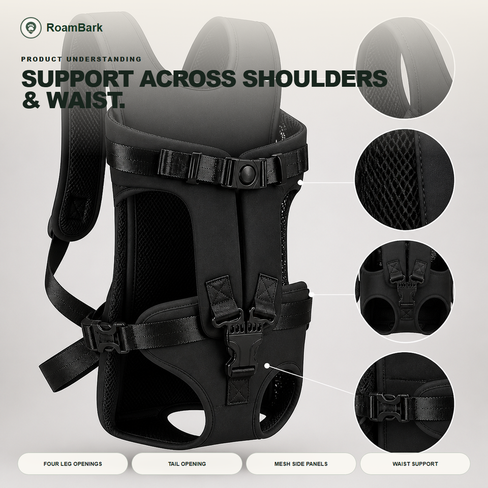 The empty black carrier from the side, showing its four leg openings, tail opening and padded waist strap.