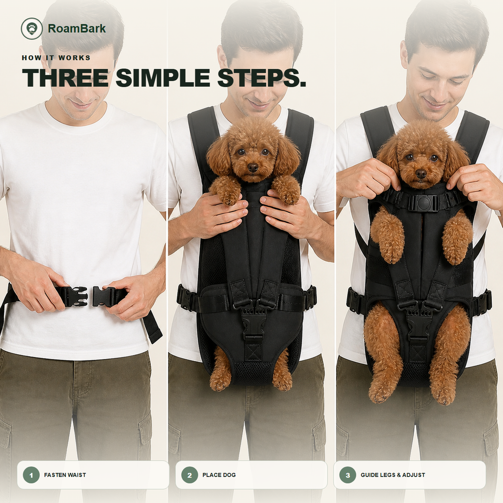 Three steps: fasten the waist strap, lift the dog in, then guide its legs through and adjust the fit.