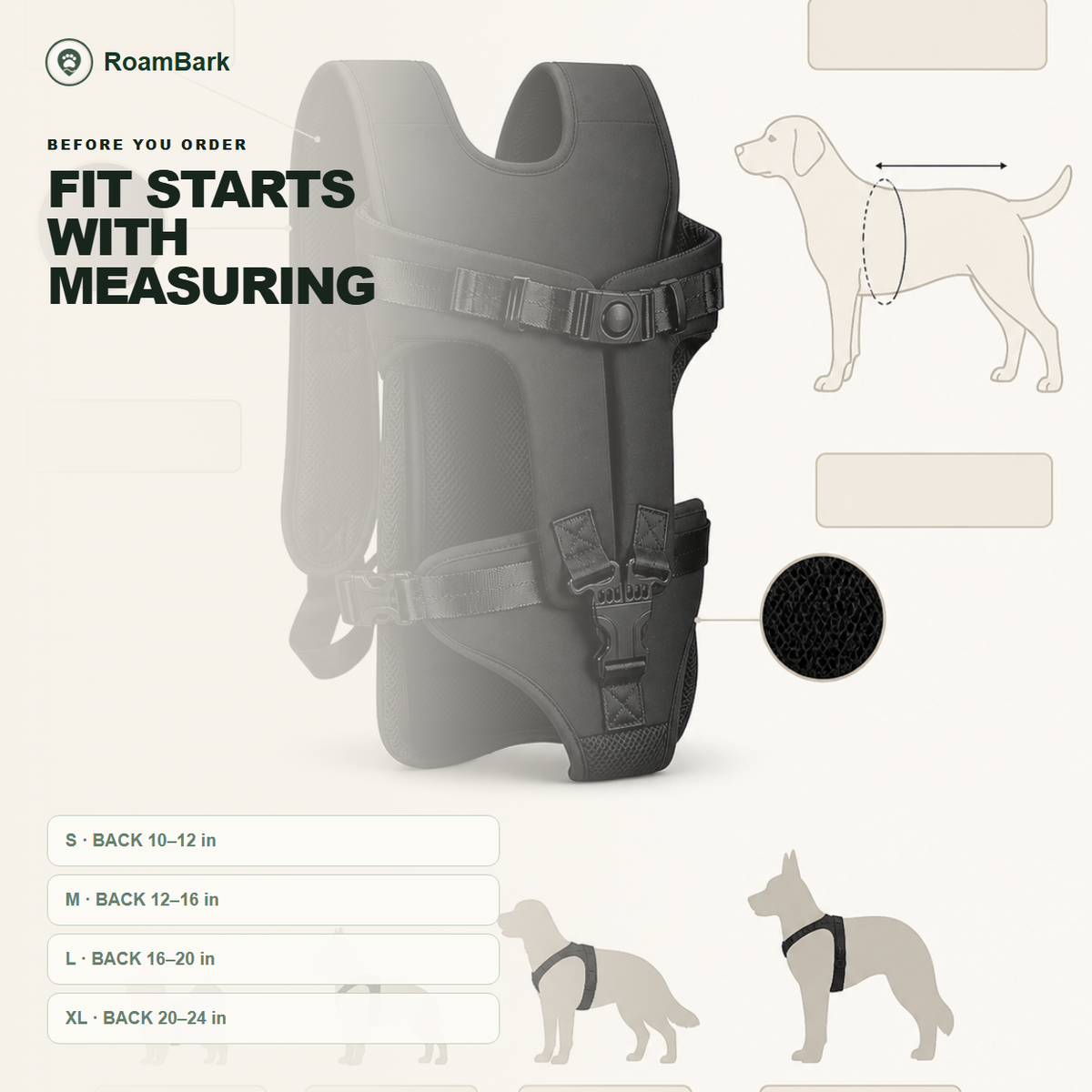 Sizing card with back-length ranges from 10 to 24 inches for S to XL, and a diagram of where to measure.