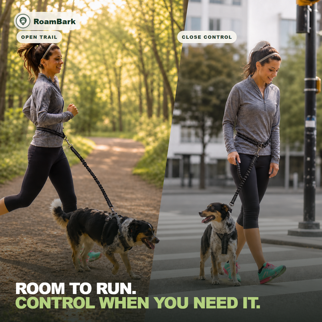Two panels: the leash stretched out while running a trail, then held short at a city crosswalk.