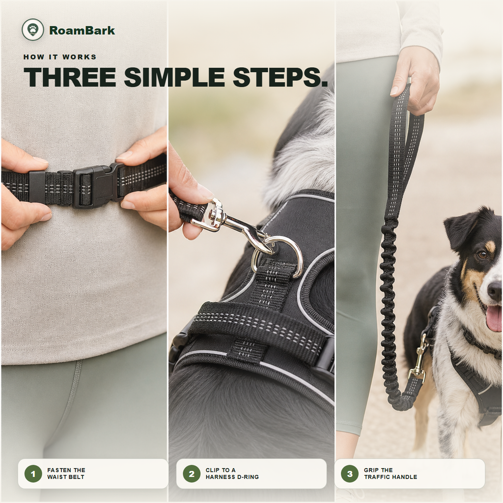 Three steps: fasten the waist belt, clip the hook to the harness D-ring, then grip the traffic handle.