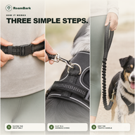 Three steps: fasten the waist belt, clip the hook to the harness D-ring, then grip the traffic handle.