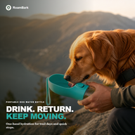 Golden retriever drinking from the turquoise bottle held one-handed on a mountain overlook.