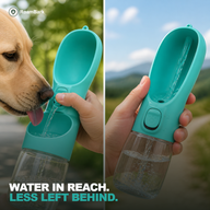 Two panels: a dog drinking from the trough, then leftover water draining back into the bottle.