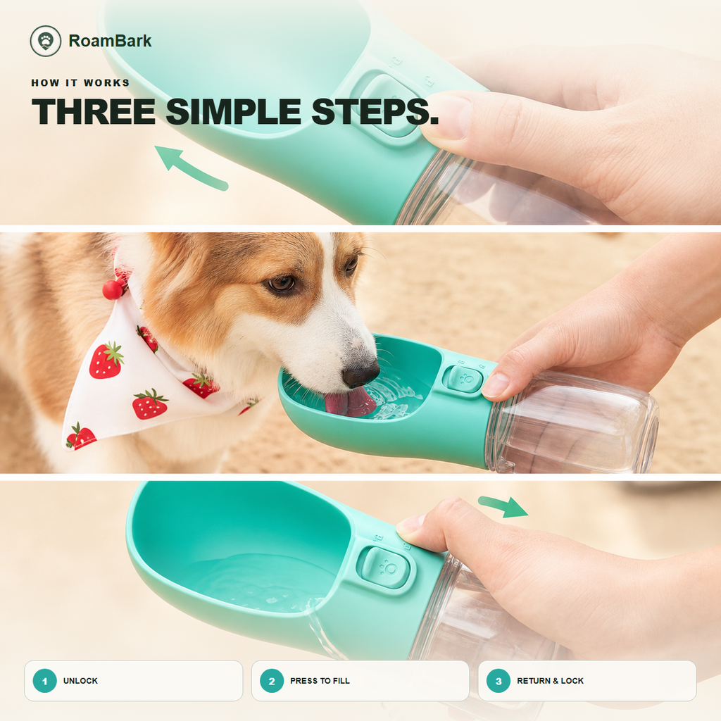 Three steps: unlock the bottle, press to fill the trough for the dog, then return the water and lock it.