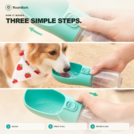 Three steps: unlock the bottle, press to fill the trough for the dog, then return the water and lock it.