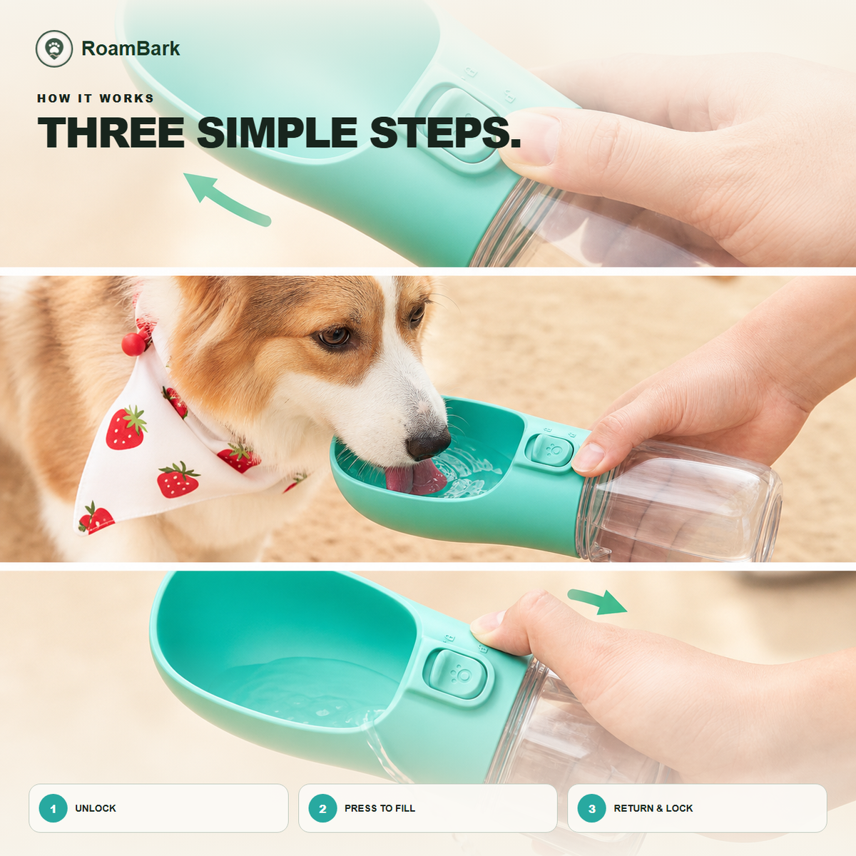 Three steps: unlock the bottle, press to fill the trough for the dog, then return the water and lock it.
