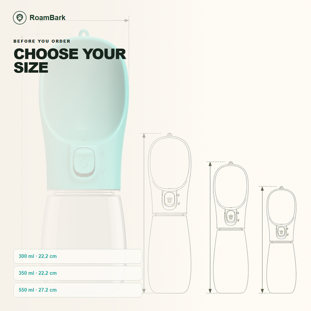 Size card comparing the 300 ml, 350 ml and 550 ml bottles at 22.2 cm and 27.2 cm tall.