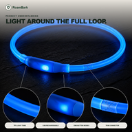 The collar glowing as one continuous blue loop, with its USB charging port and trim connector close up.