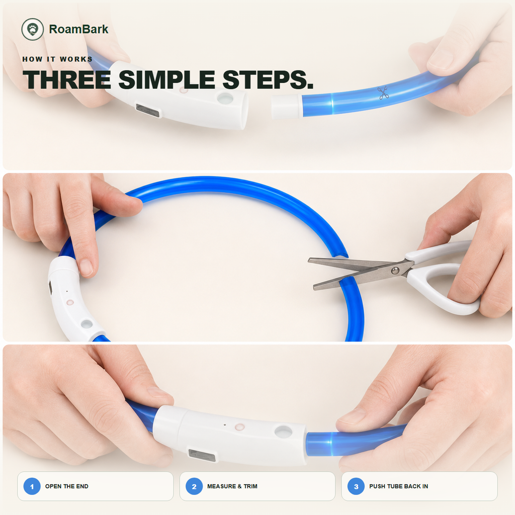 Three steps: open the collar's end cap, trim the blue tube to length with scissors, then push it back in.