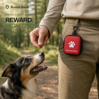 Red Trail Treat Pouch clipped to a belt loop on a woodland walk, shown at its true compact scale.