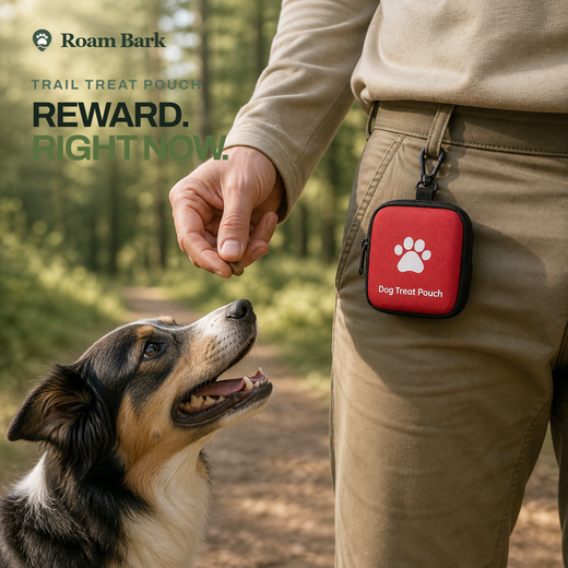 Red Trail Treat Pouch clipped to a belt loop on a woodland walk, shown at its true compact scale.