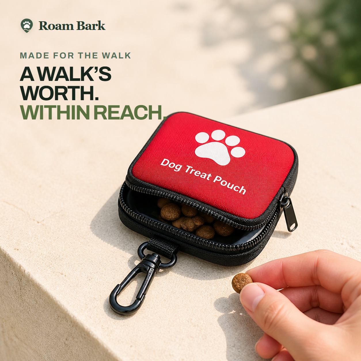 Red Trail Treat Pouch partially open with a small handful of treats within reach.