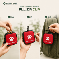 Three steps for the Red Trail Treat Pouch: fill, zip and clip it to a backpack loop.