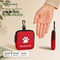 Red Trail Treat Pouch shown beside a hand with verified dimensions of 10 by 10 by 2 centimetres.