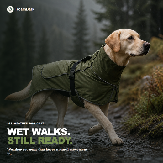 Yellow Labrador in the olive coat walking a wet rocky path in the rain.