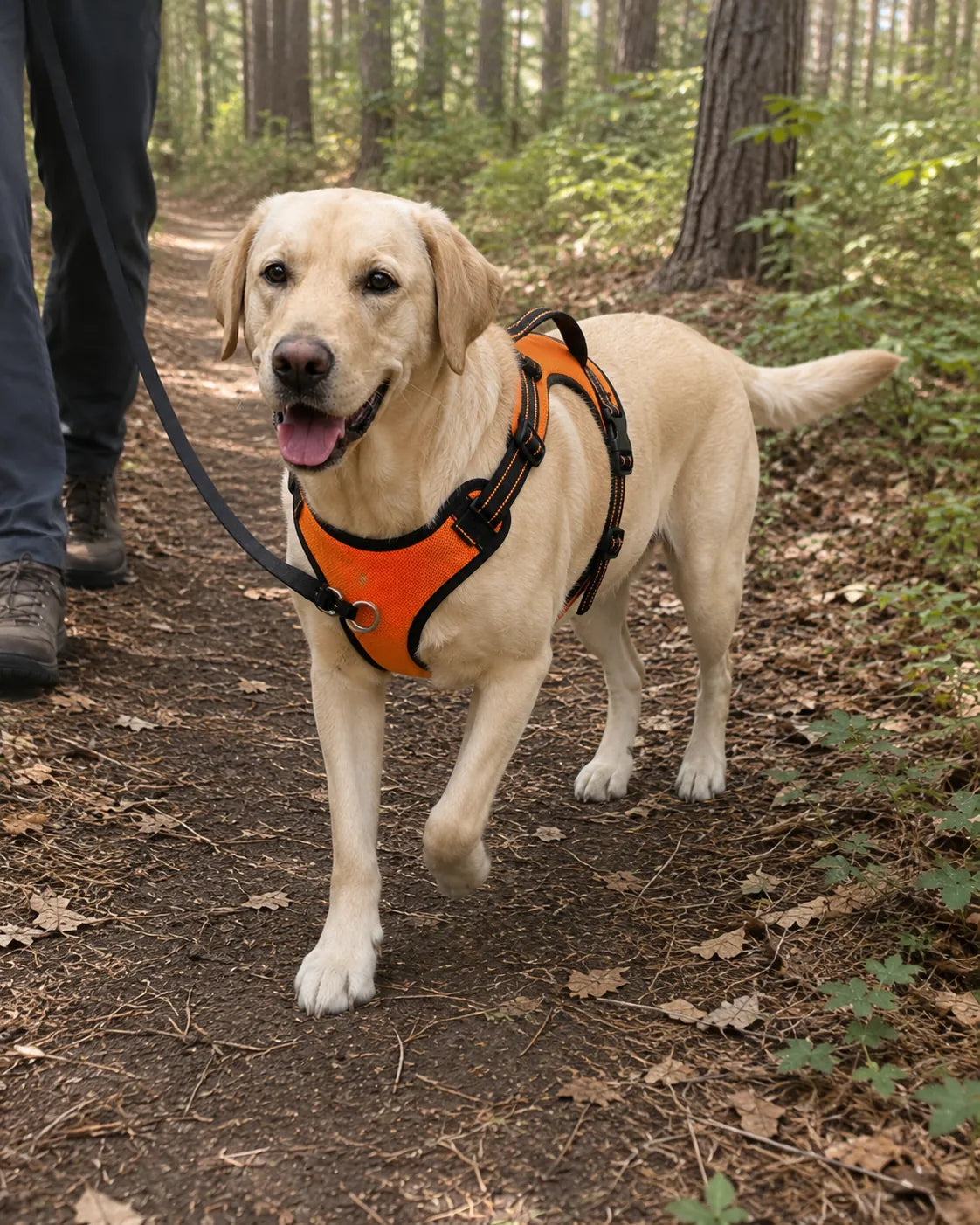 A yellow labrador in a no-pull harness walking a forest trail beside its owner