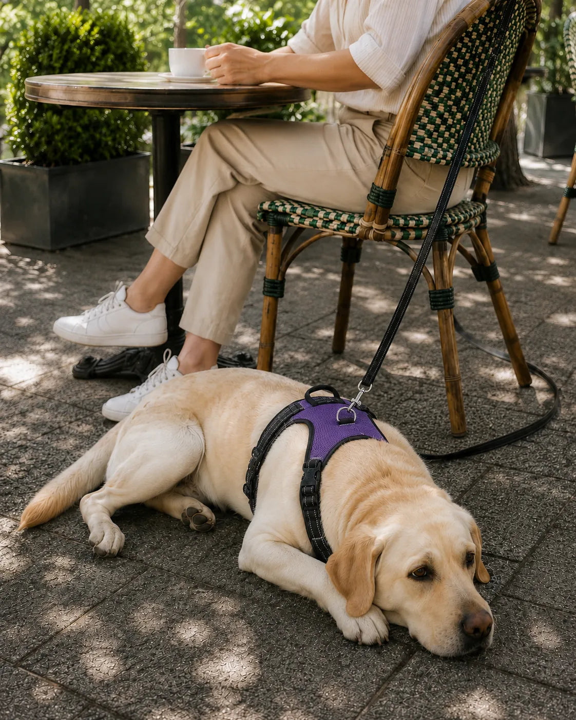 A dog lying beside a cafe table while its owner takes a break