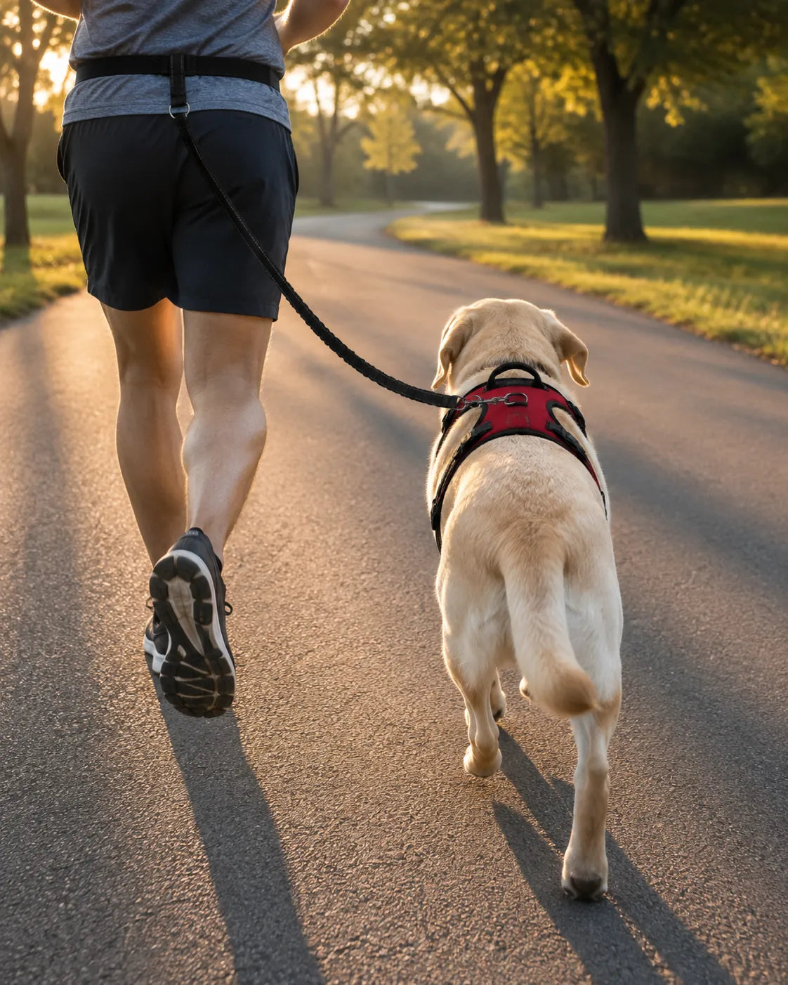 A dog running on a hands-free leash beside a jogger at sunrise