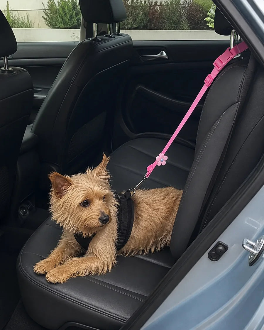 Dog secured in a car seat with the Roam Bark tether during an everyday ride