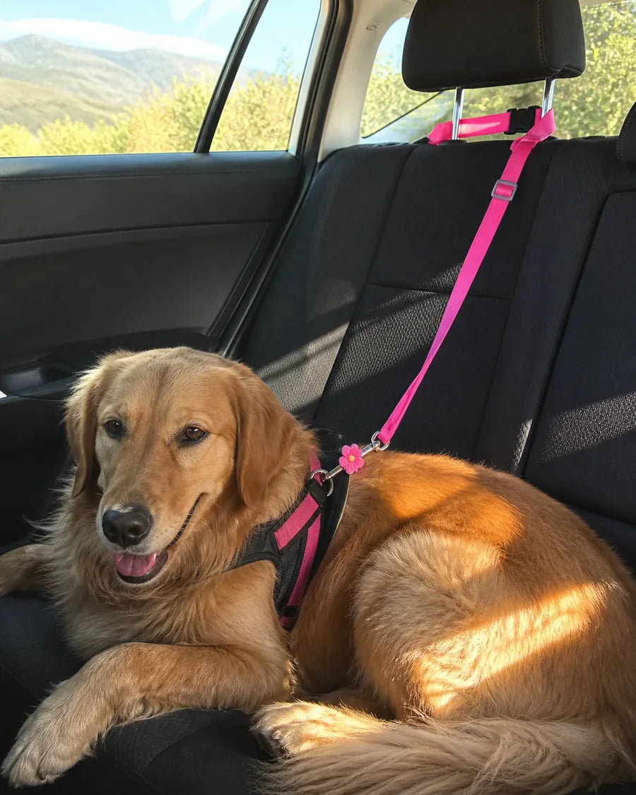 Dog secured in a car seat with the Roam Bark tether during an everyday ride