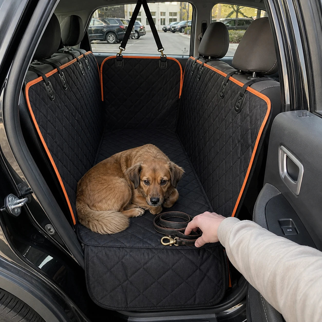 Dog resting on the Roam Bark back-seat hammock during a car journey